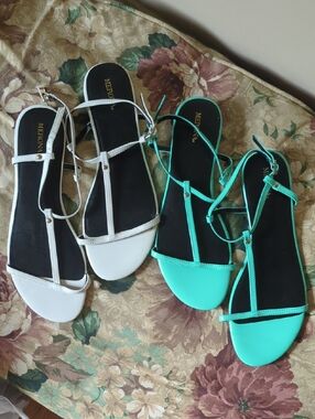 Merona Women’s T-Strap Sandals in White and Teal